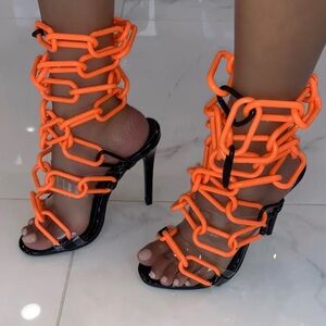Orange Chain-Strap High Heel Sandals - Women